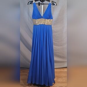 Elegant Blue Evening Gown with Gold Beading by Scala